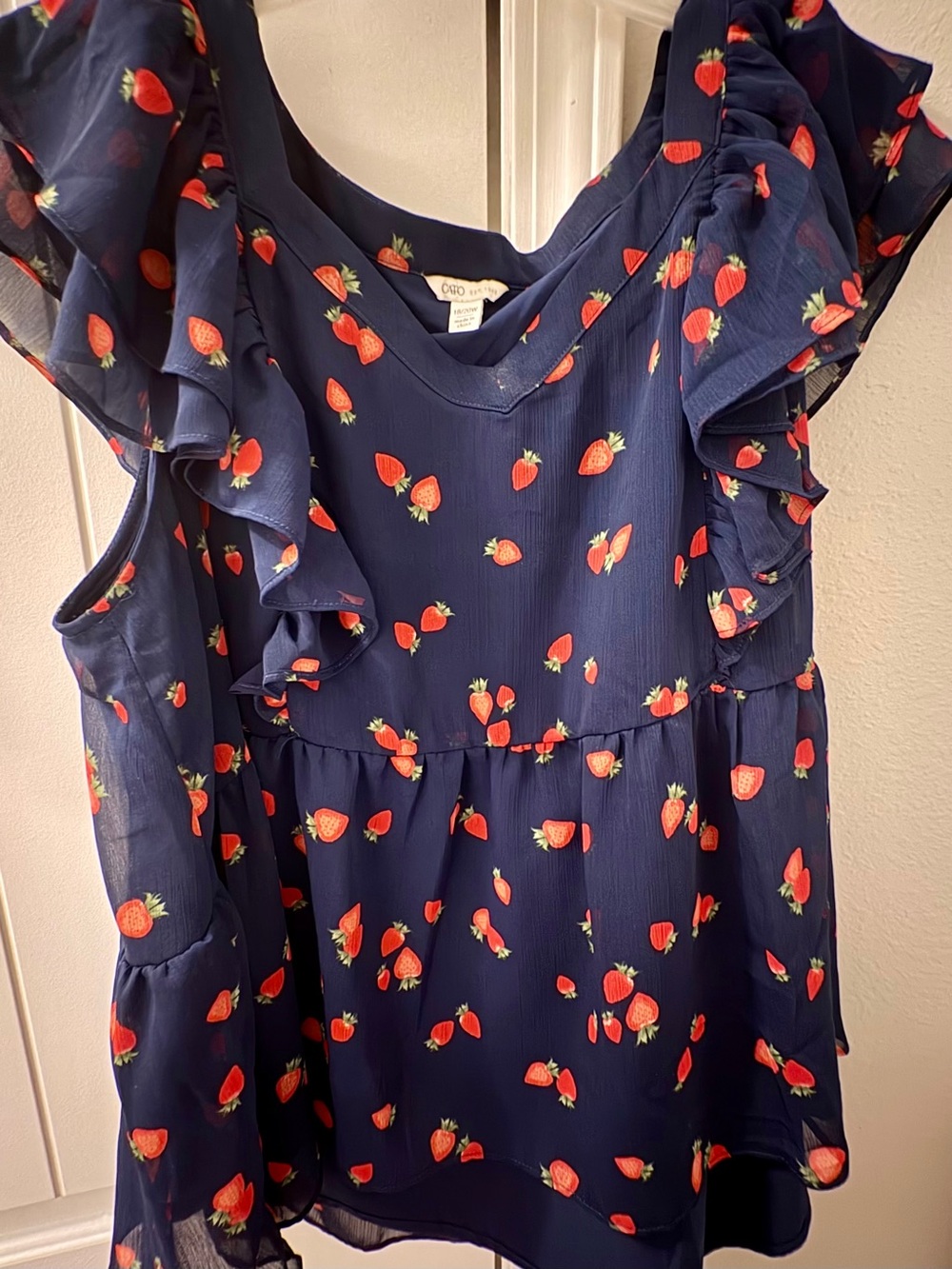 Cato Navy Blouse with Red Strawberry Print and Ruffle Sleeves